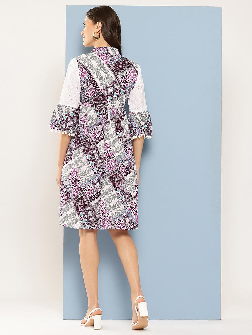 women printed mandarin neck a-line dress - 22012632 - Standard Image - 2