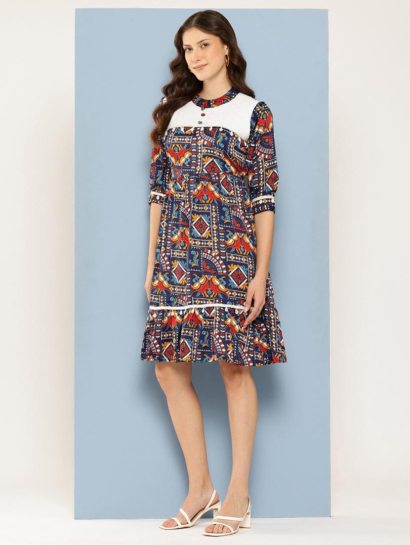 women printed mandarin neck tiered dress - 22012633 -  Zoom Image - 0