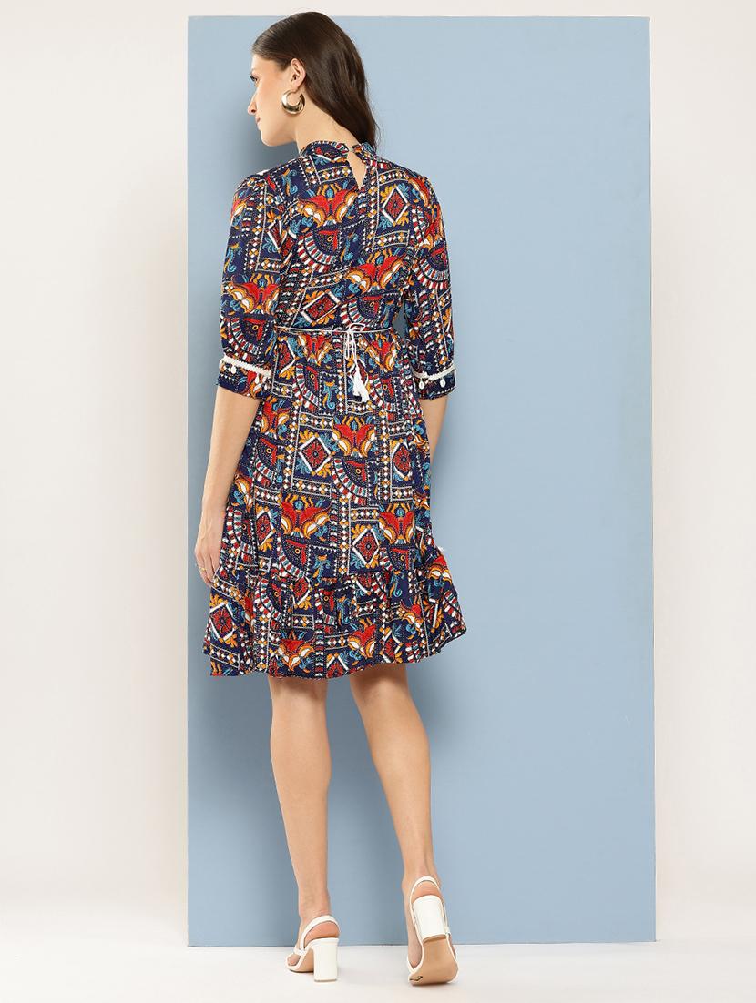 women printed mandarin neck tiered dress - 22012633 - Standard Image - 2