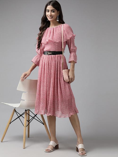 women printed three quarter sleeve fit & flare dress - 22012634 - Standard Image - 0