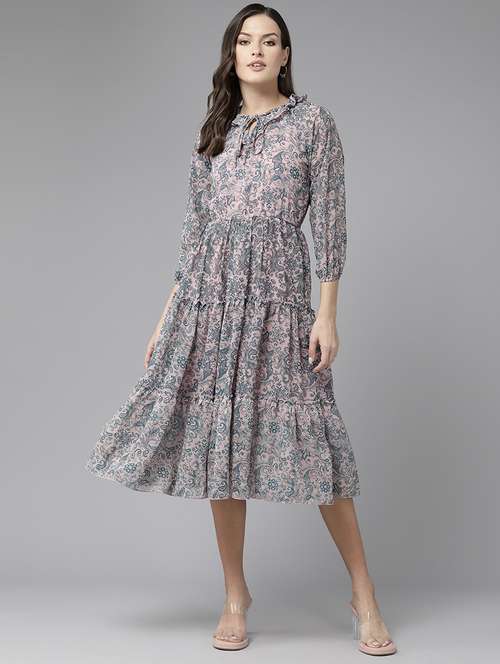women printed puff sleeve tiered dress - 22012637 - Standard Image - 0