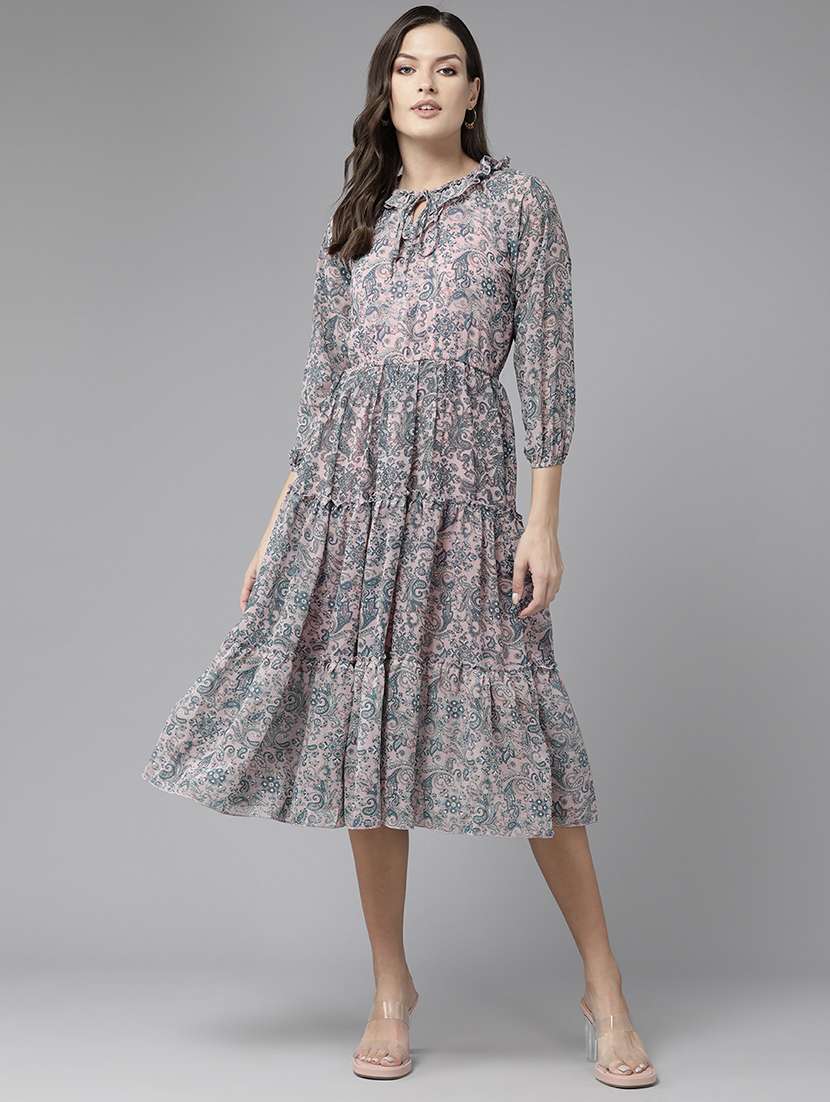 women printed puff sleeve tiered dress - 22012637 - Zoom Image - 0