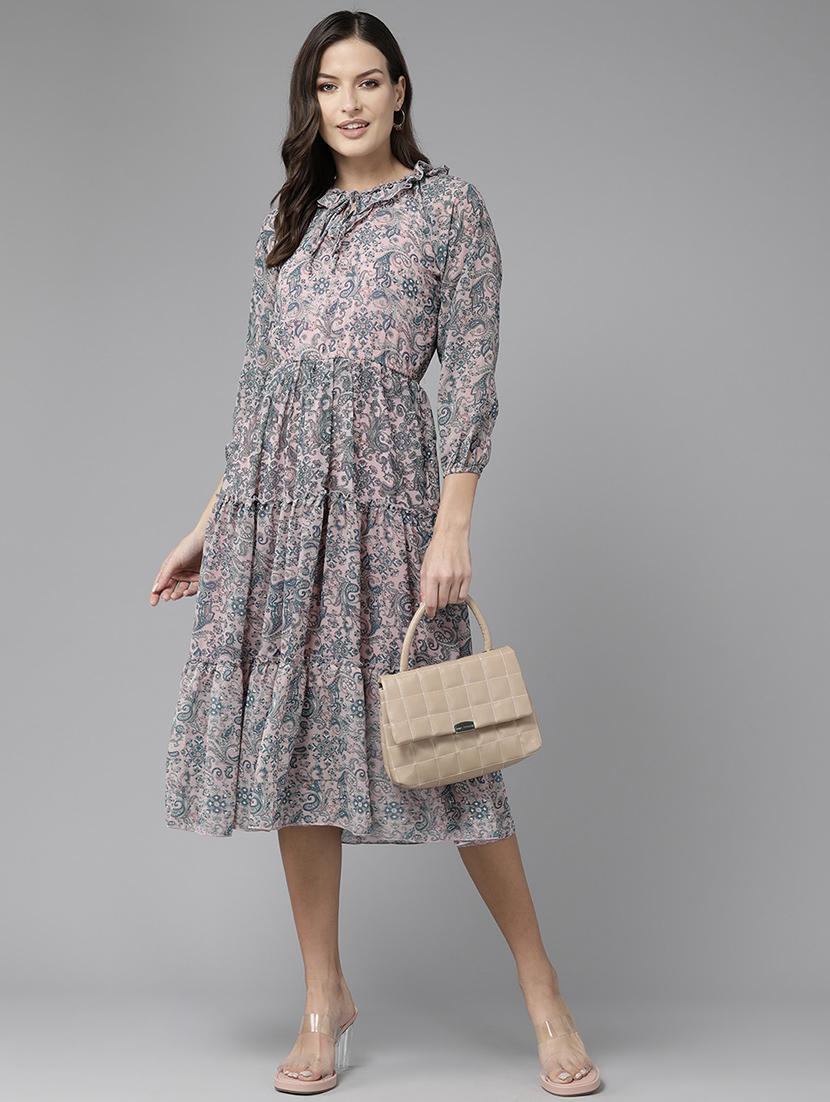 women printed puff sleeve tiered dress - 22012637 - Standard Image - 2