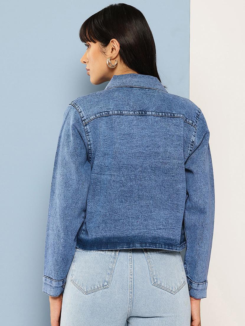 women solid long sleeve denim jacket - 22012641 - Standard Image - 2