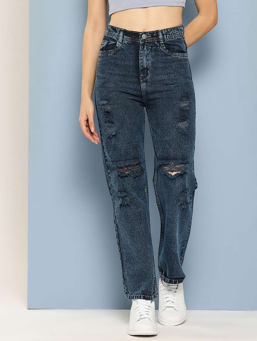 women distressed high rise straight fit jean