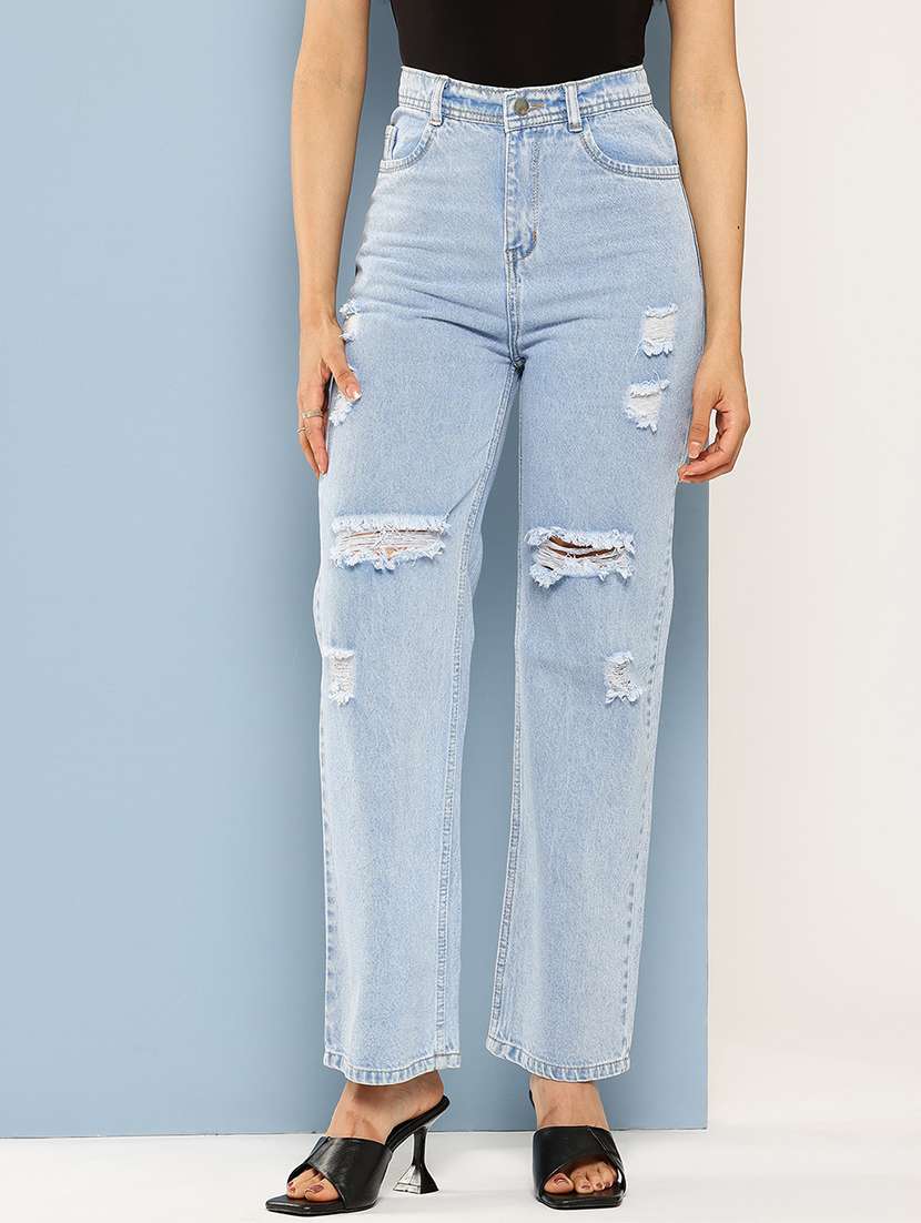 women distressed high rise straight fit jean