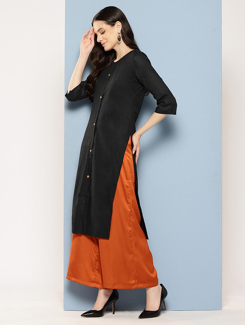 women solid three quarter sleeve straight kurta - 22012657 - Standard Image - 2