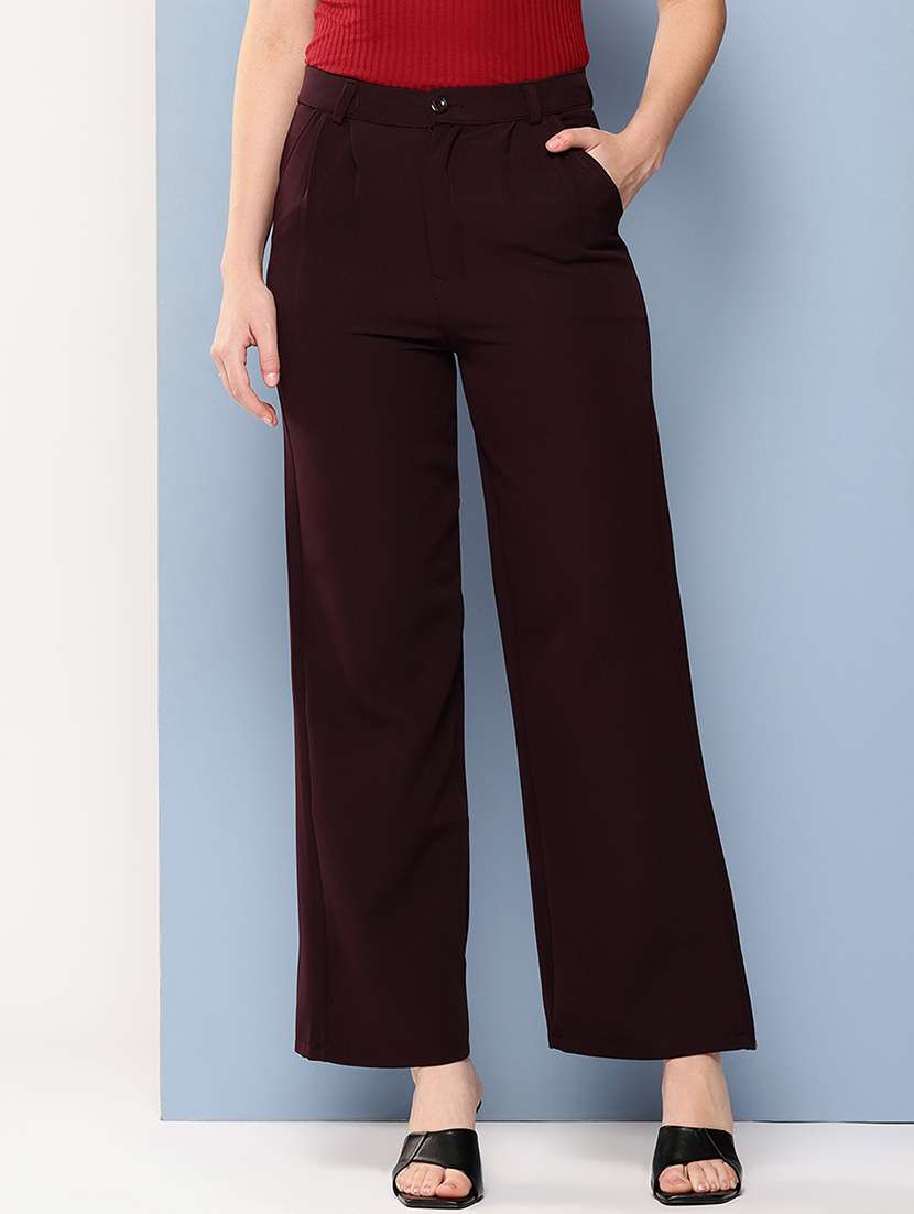 women solid mid rise straight trouser