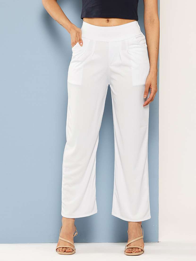 women solid mid rise straight trouser