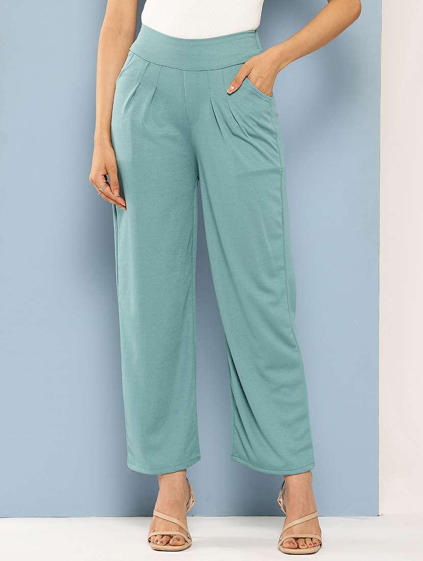 women solid mid rise straight trouser