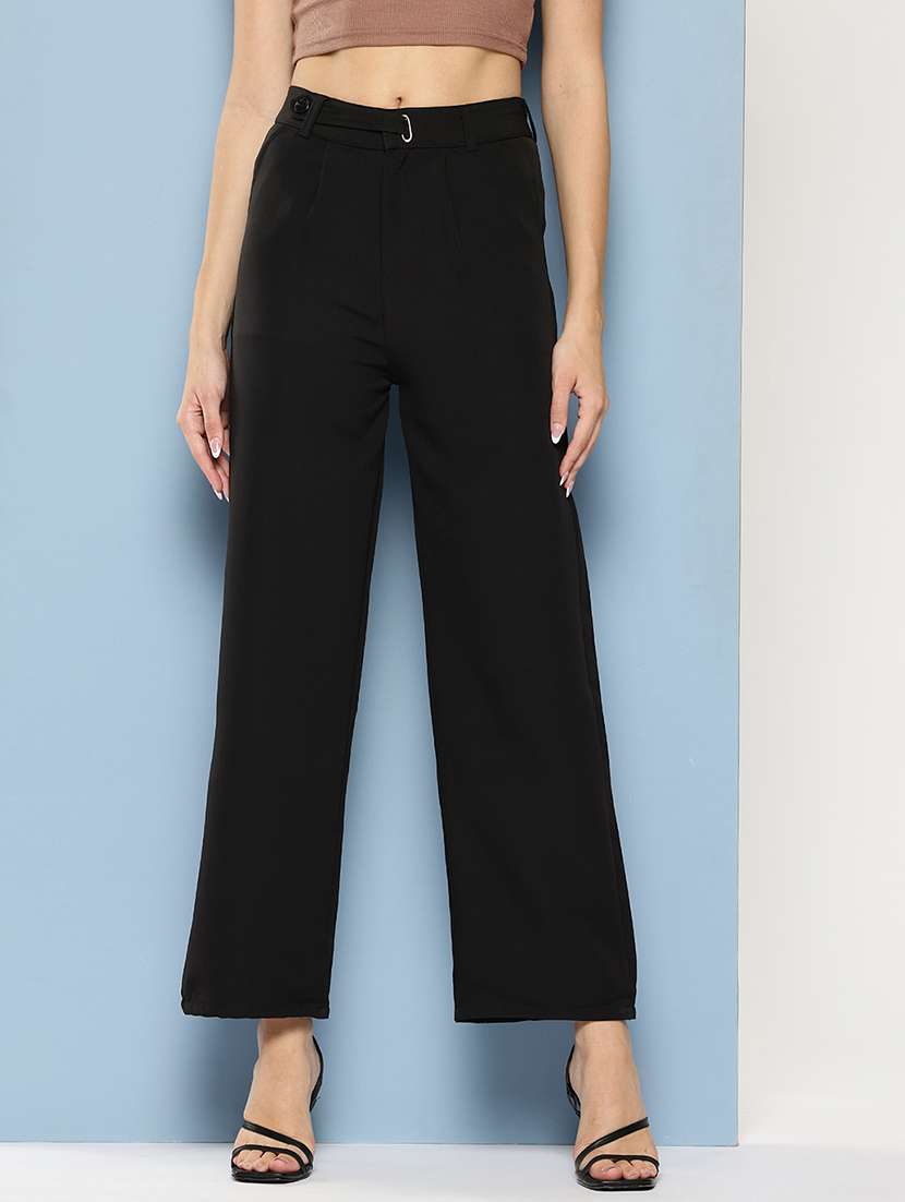 women solid mid rise straight trouser