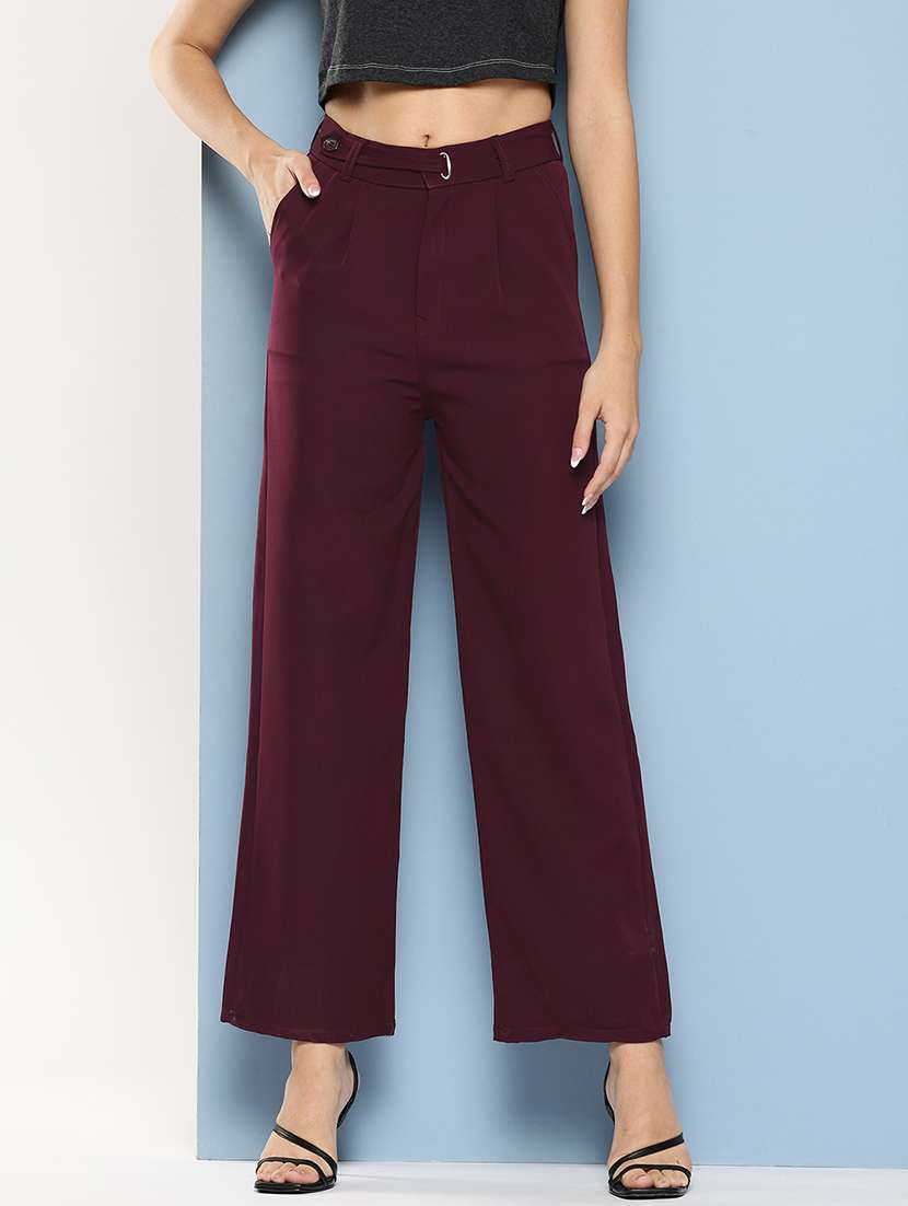 women solid mid rise straight trouser