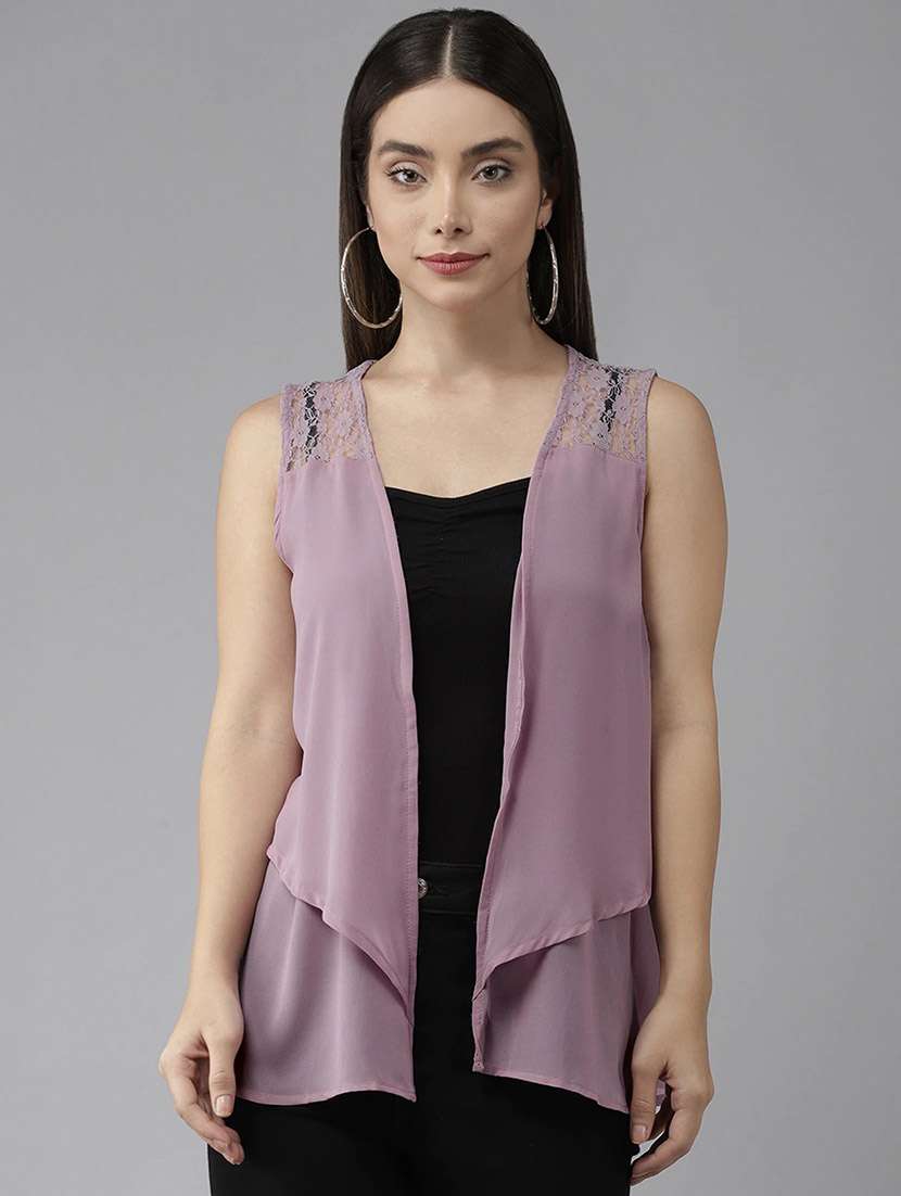 women purple solid sleeveless regualr shrug