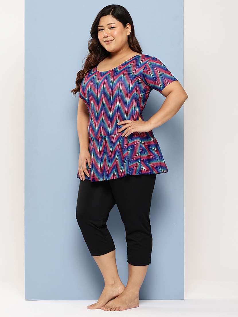 women plus size printed round neck swimsuit with cap - 22012743 -  Standard Image - 2