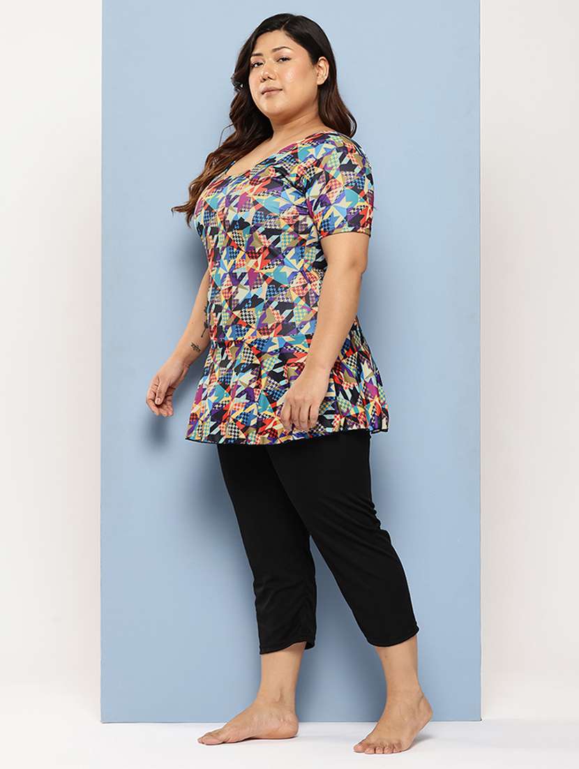 women plus size printed round neck swimsuit with cap - 22012747 -  Standard Image - 2