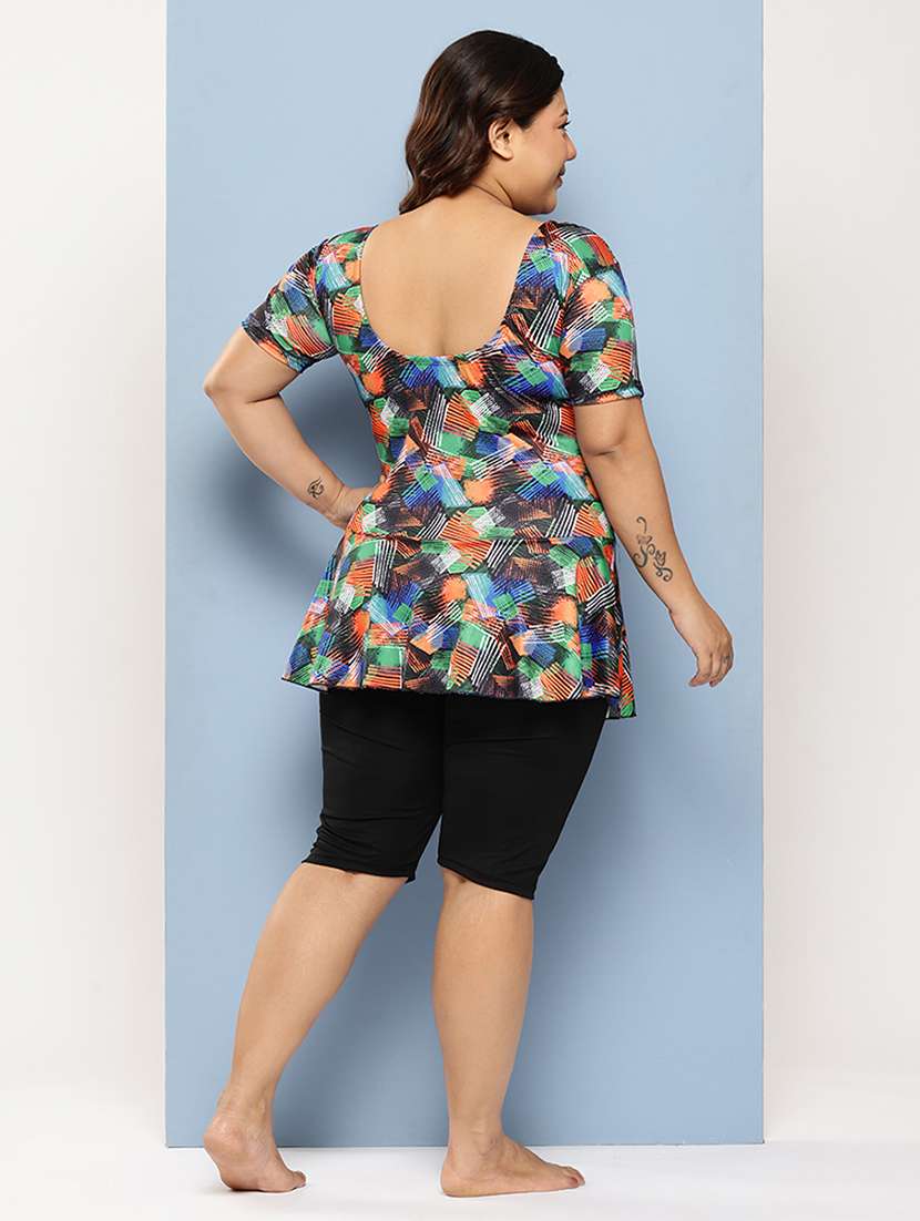 women plus size printed round neck swimsuit with cap - 22012752 -  Standard Image - 2