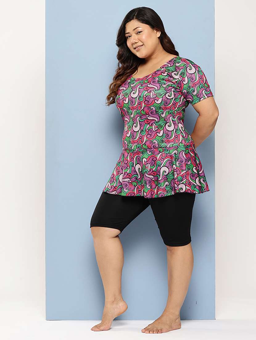 women plus size printed round neck swimsuit with cap - 22012753 - Standard Image - 2
