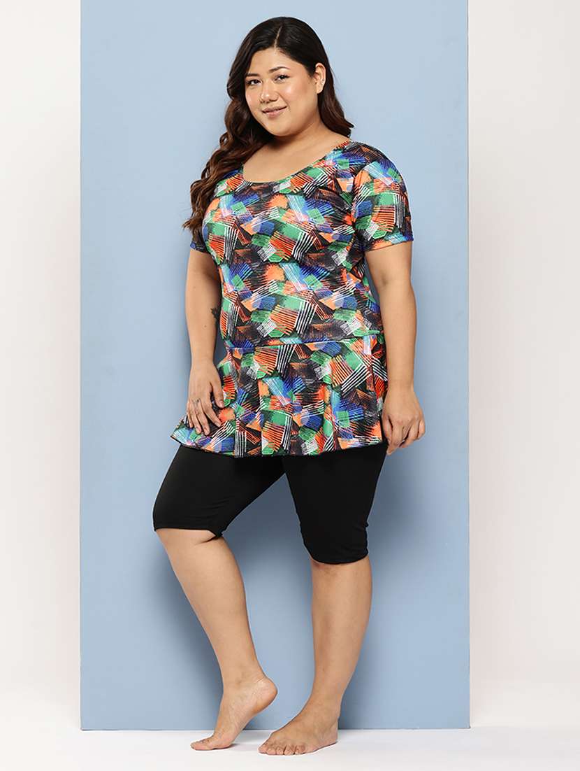 women plus size printed round neck swimsuit with goggles - 22012772 - Standard Image - 2