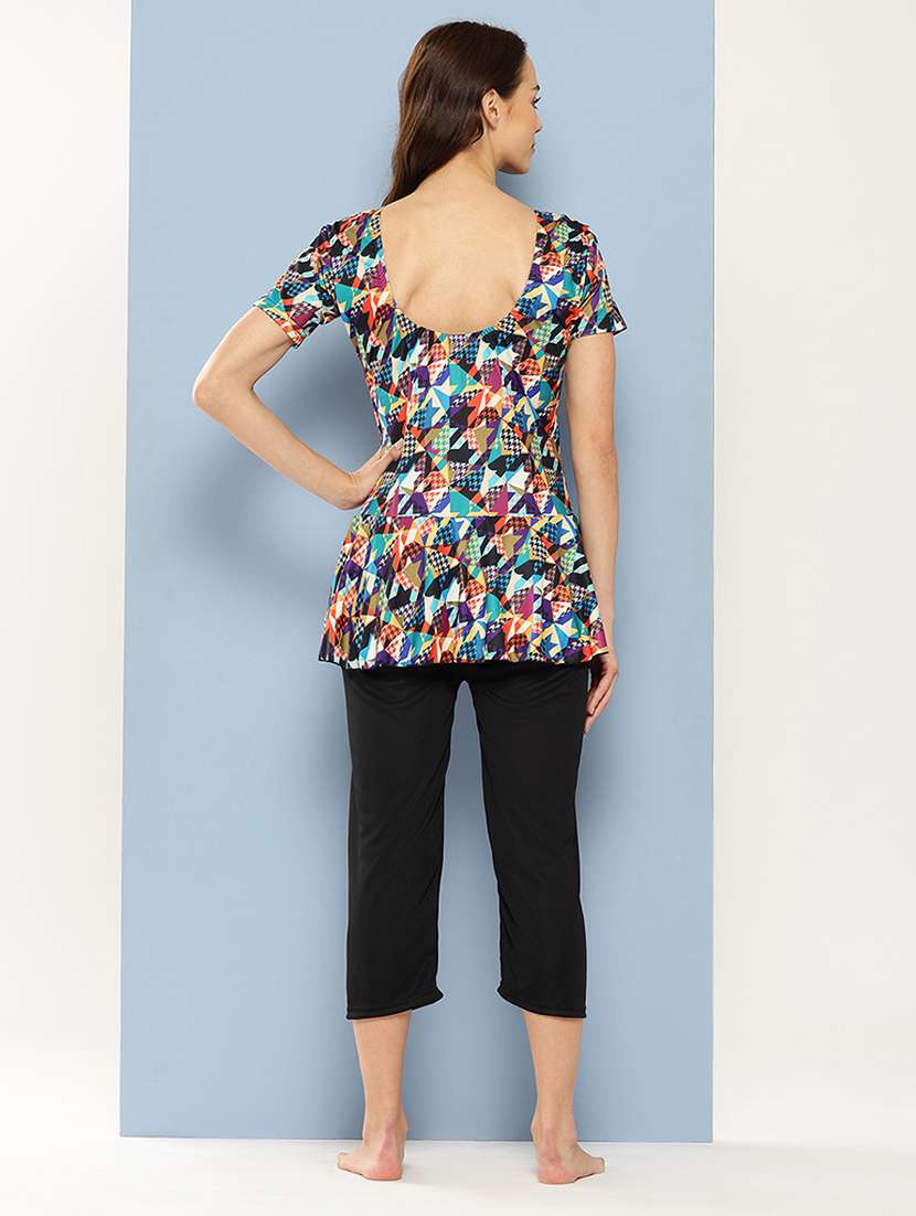 women printed round neck swimsuit with cap - 22012788 -  Standard Image - 2