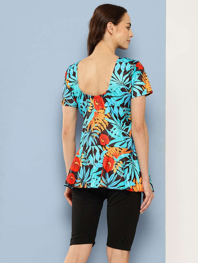 women tropical printed round neck swimsuit with cap - 22012793 -  Standard Image - 2