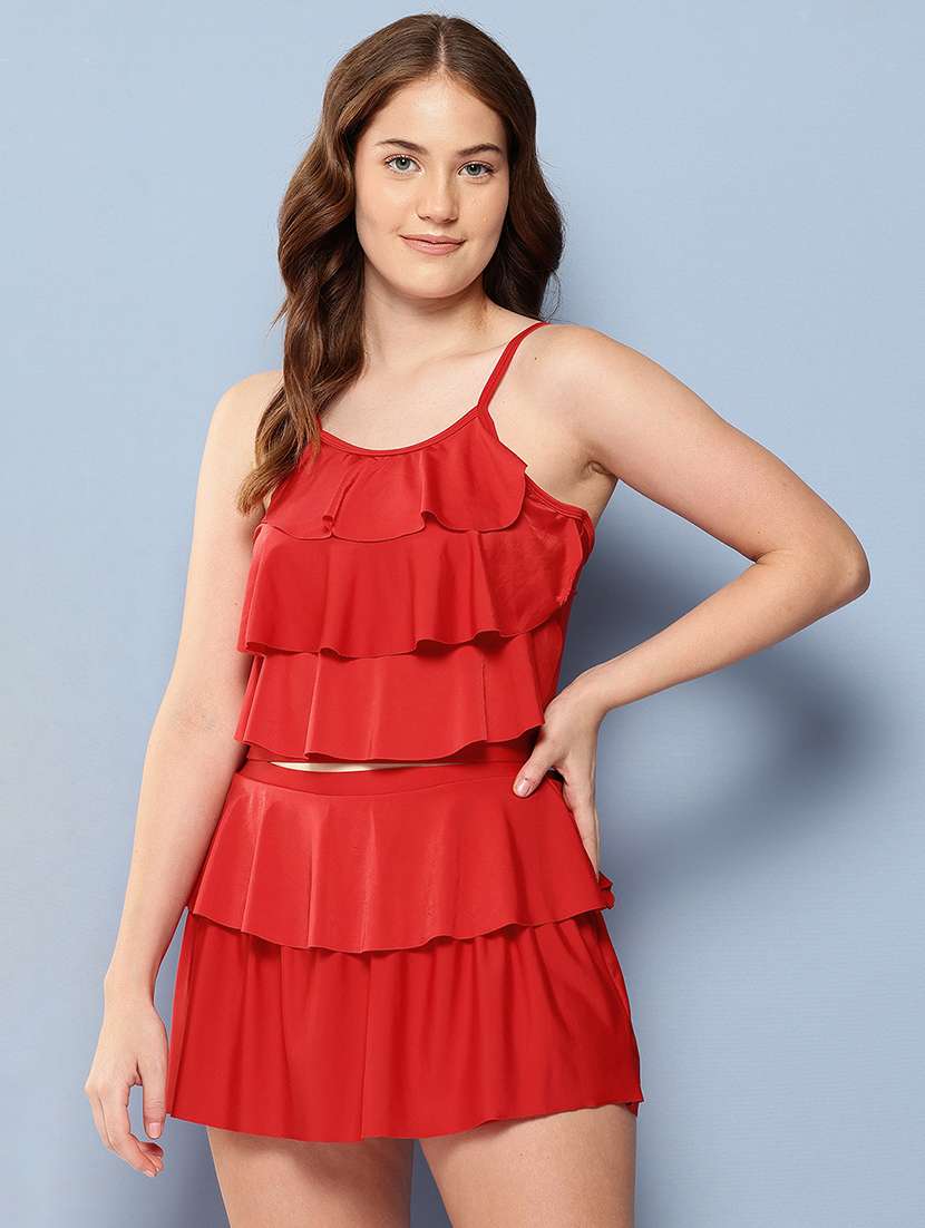 women red solid shoulder strap ruffled swimsuit