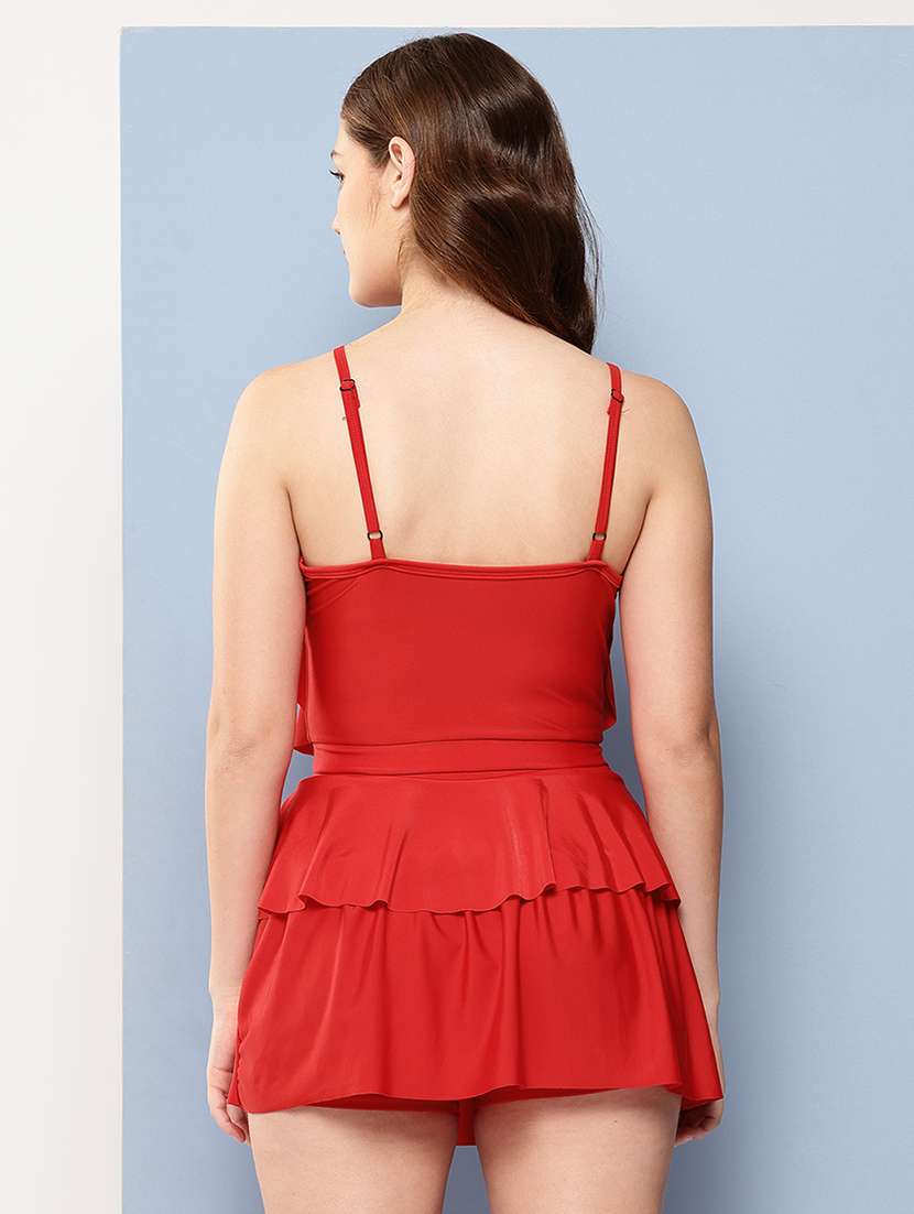 women red solid shoulder strap ruffled swimsuit - 22012834 -  Standard Image - 2