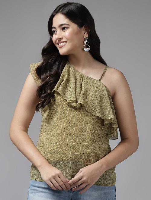 women olive printed singke shoulder regular top - 22012839 -  Standard Image - 0