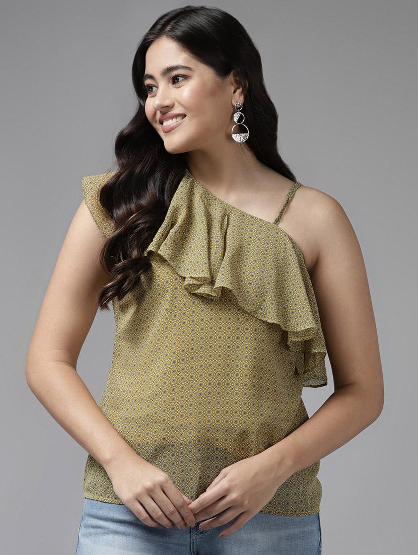 women olive printed singke shoulder regular top - 22012839 -  Zoom Image - 0