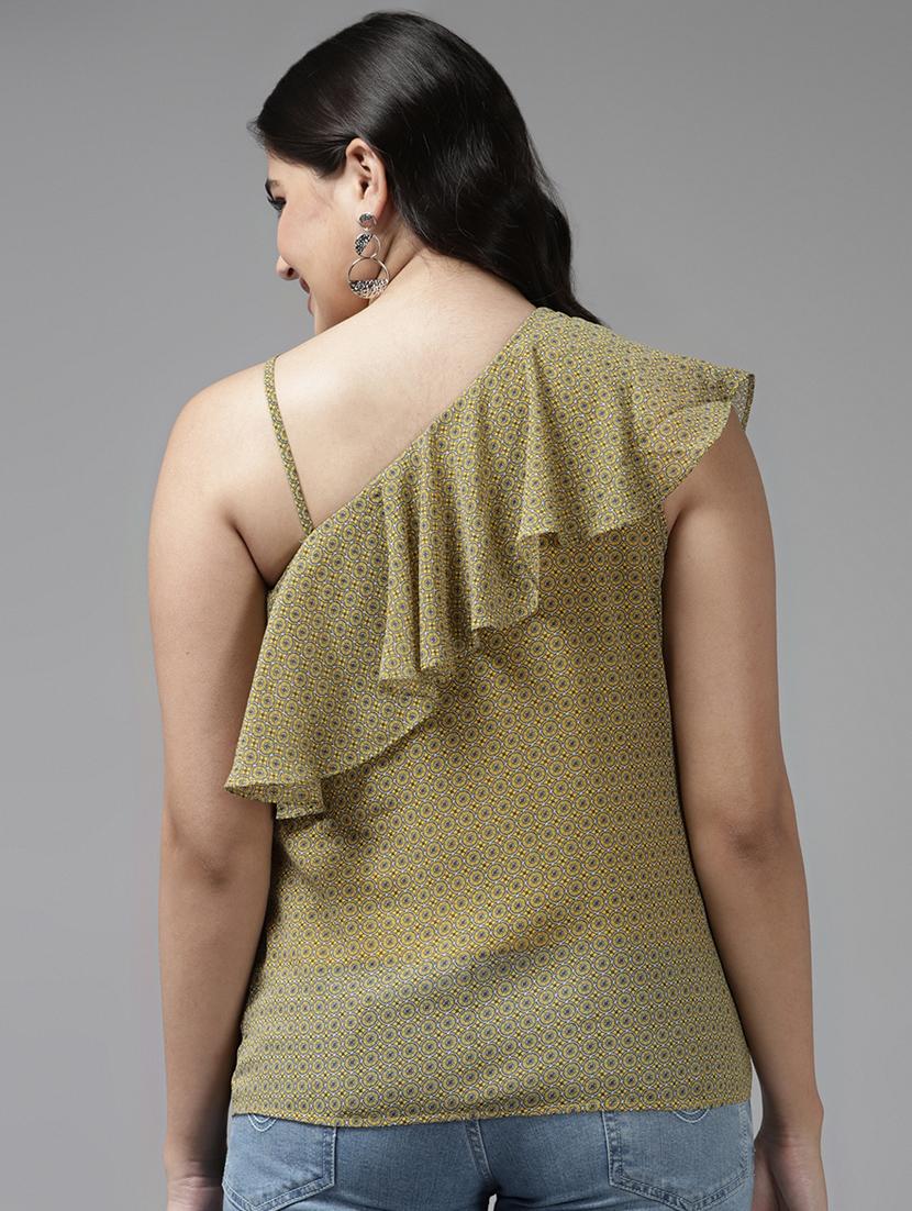 women olive printed singke shoulder regular top - 22012839 - Standard Image - 2