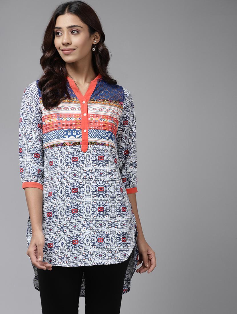 women printed mandarin collared high low top - 22012840 - Zoom Image - 0