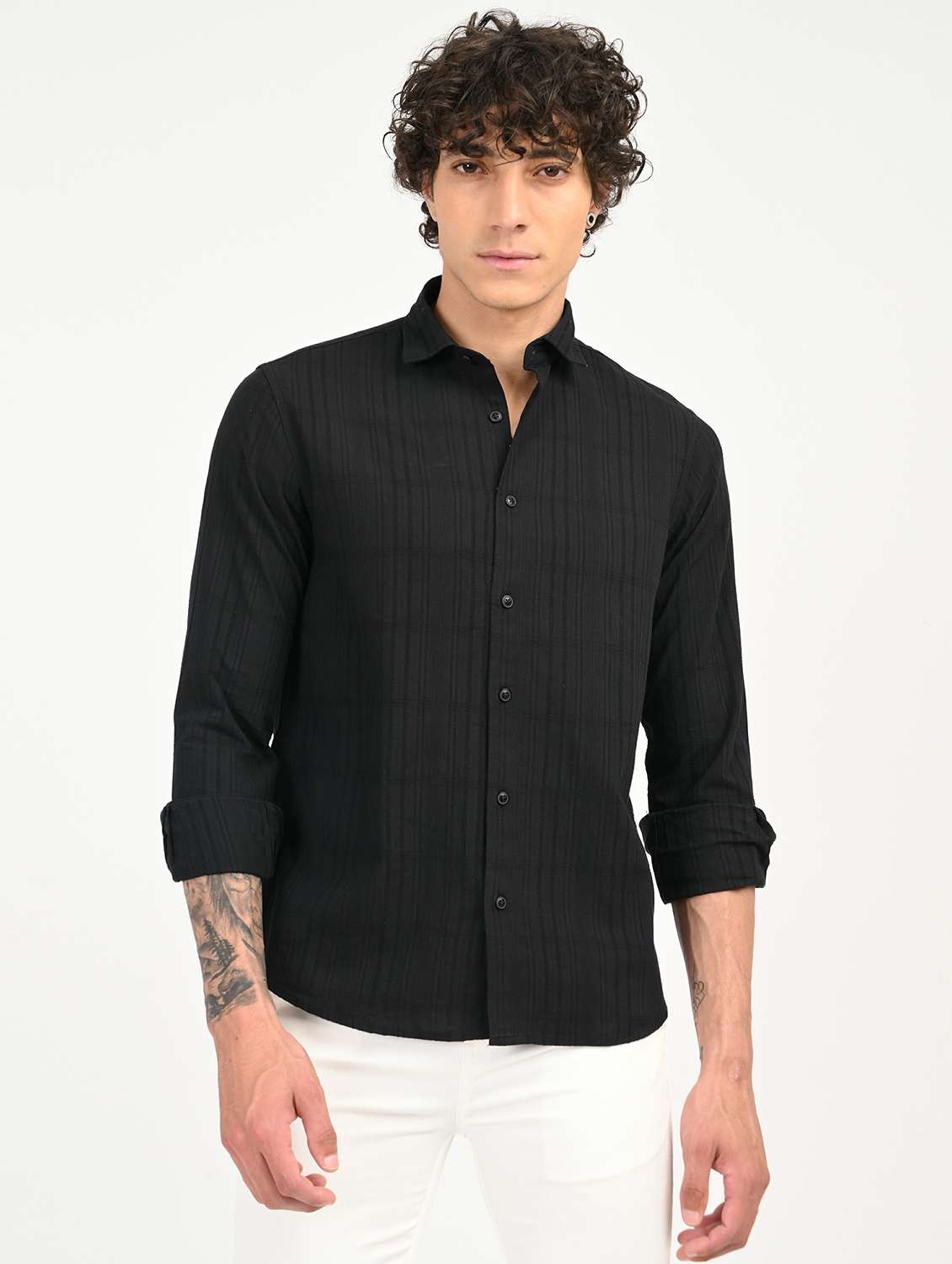 men solid collared long sleeve casual shirt
