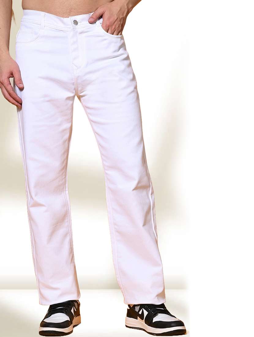 men white plain mid rise relaxed fit jeans