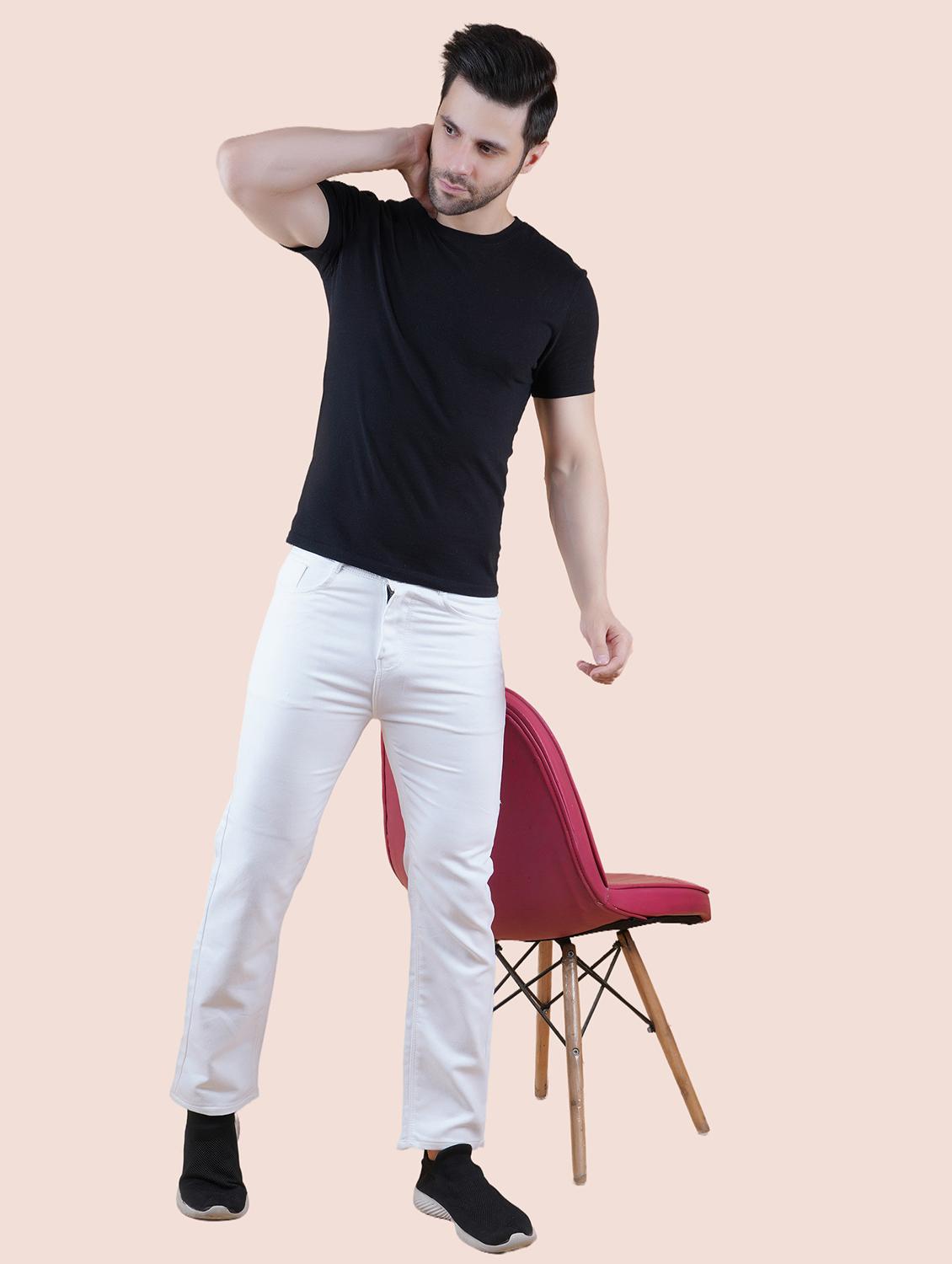 men white plain mid rise straight fit jeans - 22012897 - Standard Image - 2
