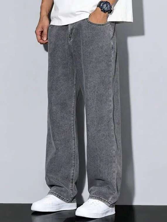 men grey plain mid rise baggy jeans
