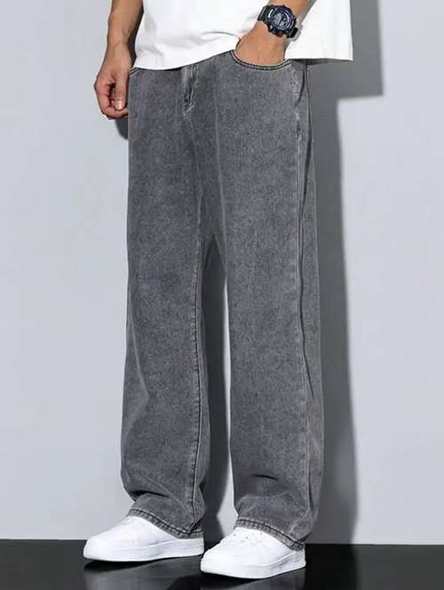 men grey plain mid rise baggy jeans - 22012911 - Standard Image - 0