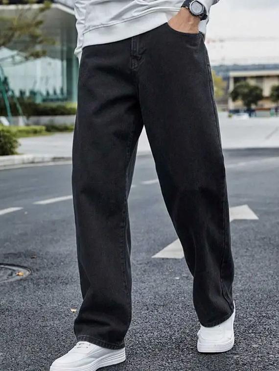 men grey plain mid rise baggy jeans - 22012929 - Zoom Image - 0