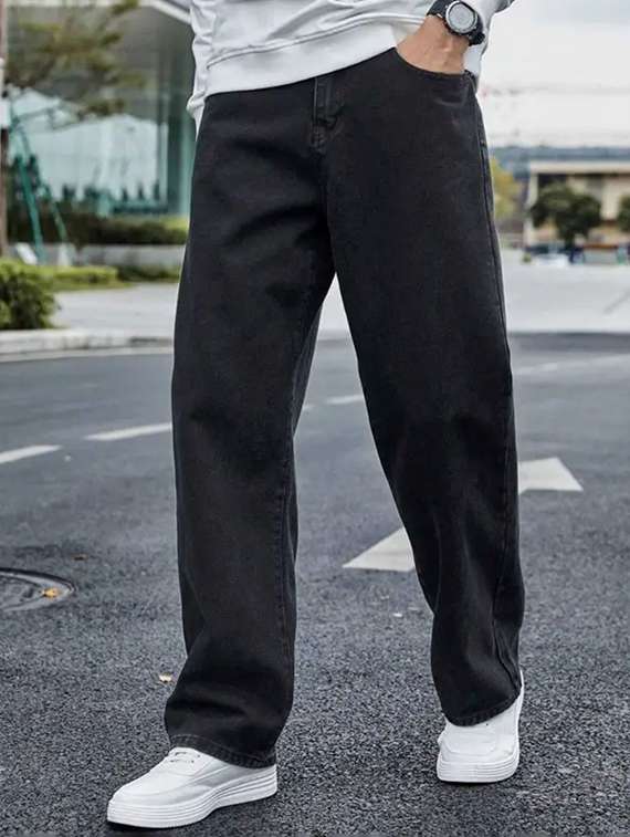 men grey plain mid rise baggy jeans