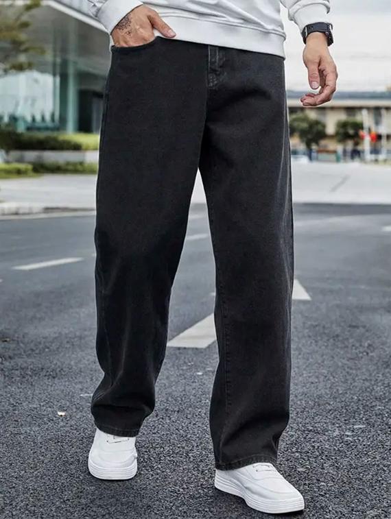men grey plain mid rise baggy jeans - 22012930 - Standard Image - 2