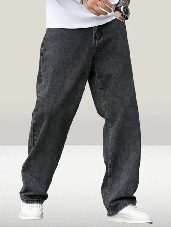 men grey plain mid rise baggy jeans