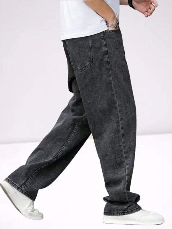 men grey plain mid rise baggy jeans - 22012932 - Standard Image - 2