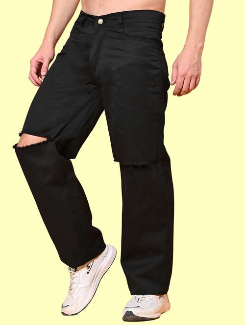 men black slash knee mid rise relaxed fit jeans - 22012935 - Standard Image - 0