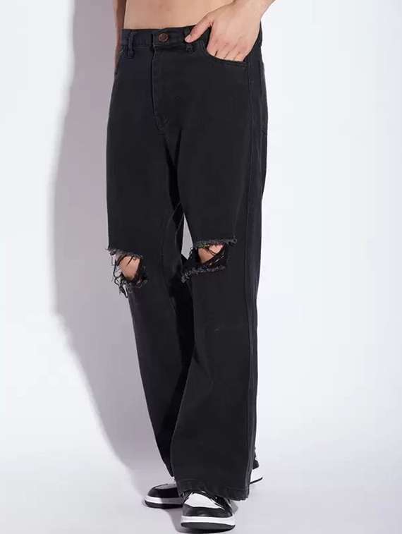 men black slash knee mid rise relaxed fit jeans
