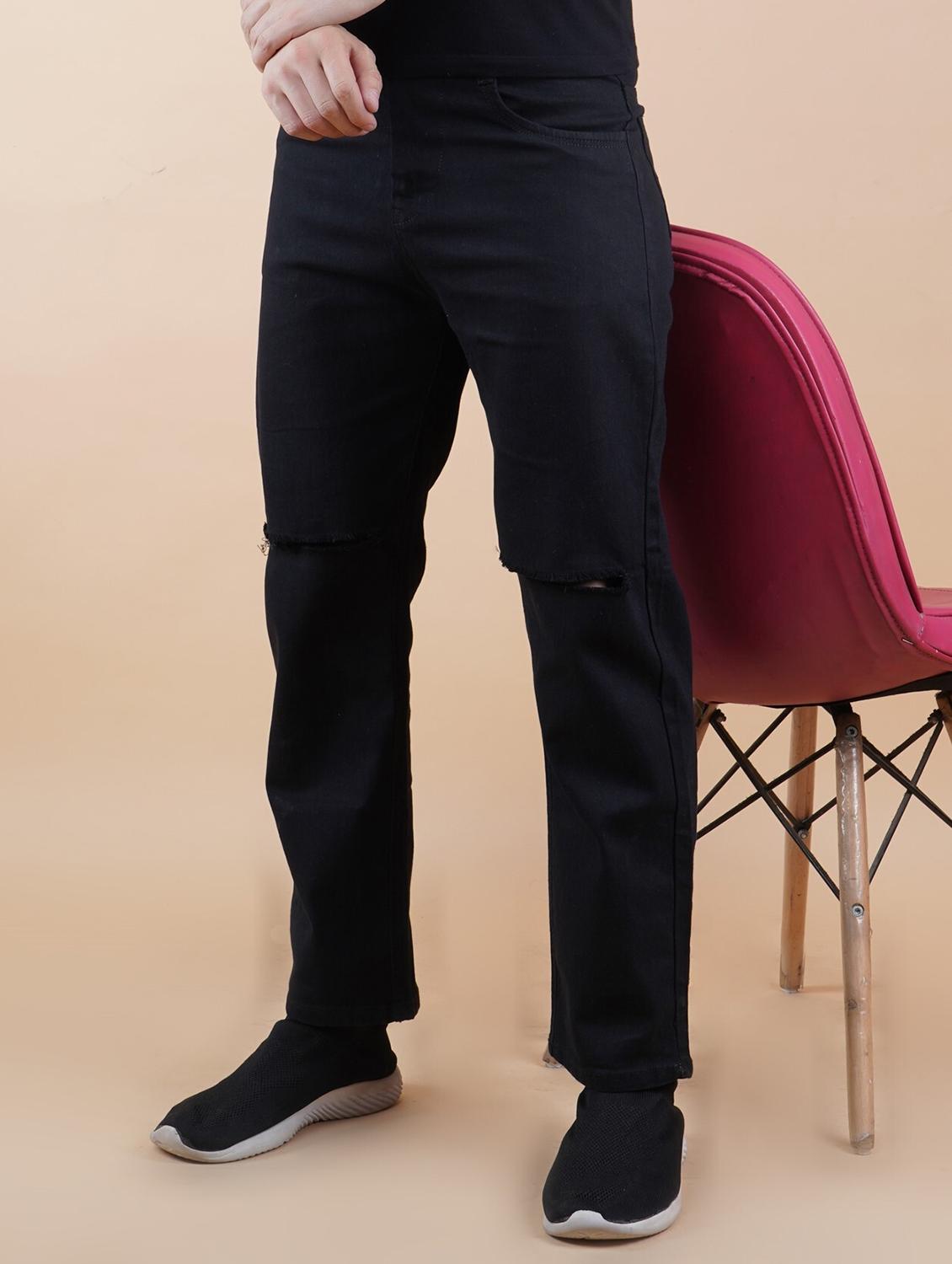 men black slash knee mid rise relaxed fit jeans - 22012939 -  Zoom Image - 0