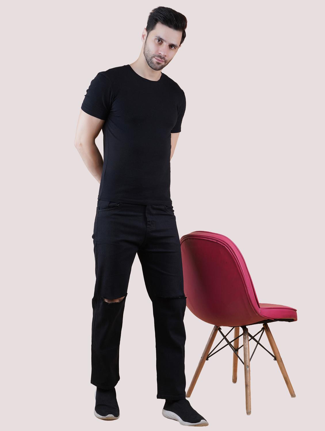 men black slash knee mid rise relaxed fit jeans - 22012940 - Standard Image - 2