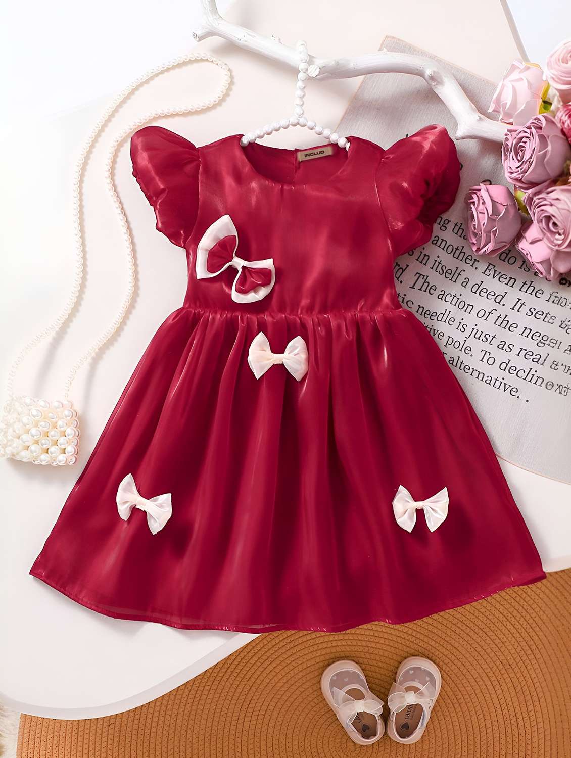 girls solid bow detailed puff sleeve frock
