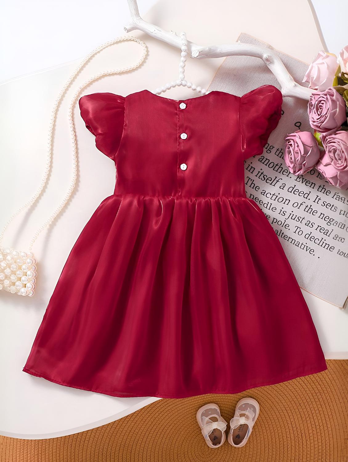 girls solid bow detailed puff sleeve frock - 22012947 - Standard Image - 2