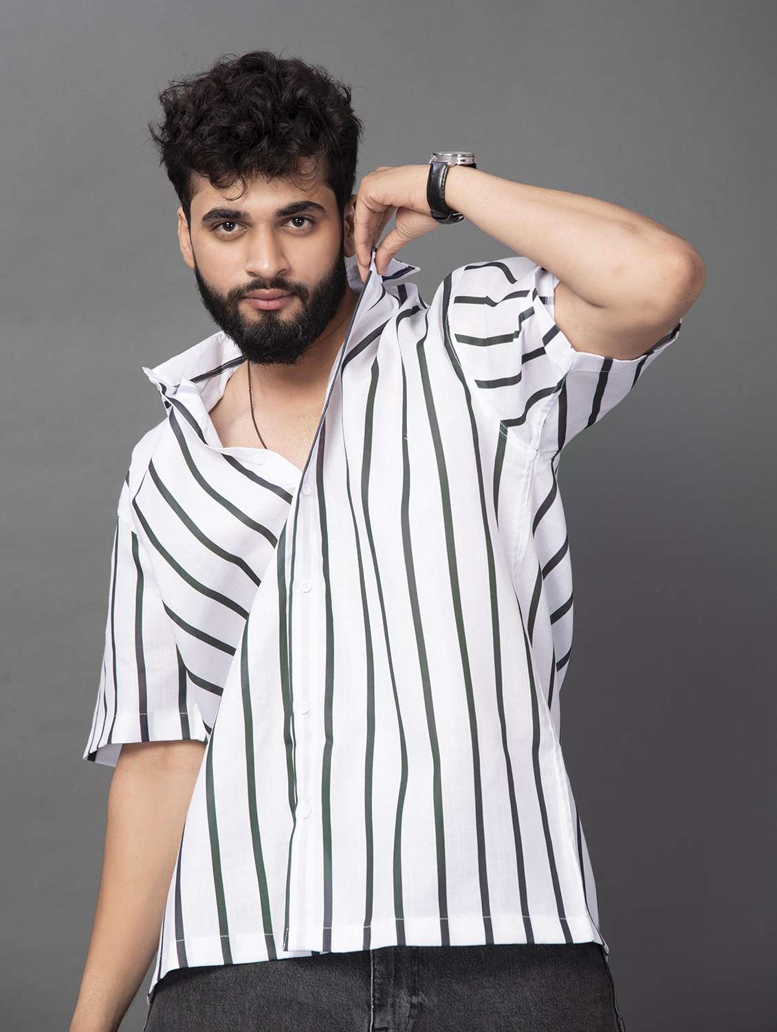 men striped short sleeve oversized casual shirt - 22012971 -  Standard Image - 2