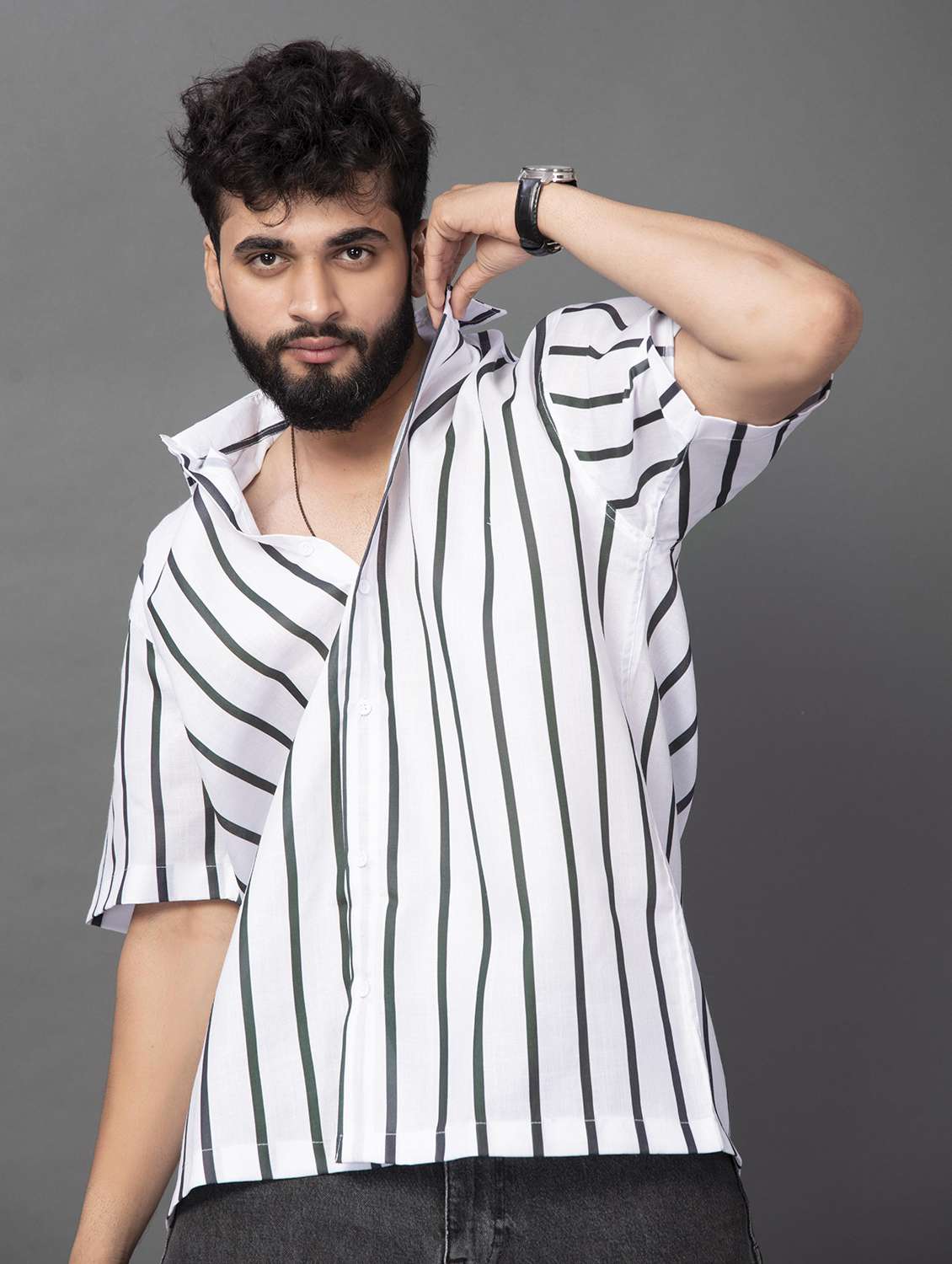 men striped short sleeve oversized casual shirt - 22012972 -  Standard Image - 2