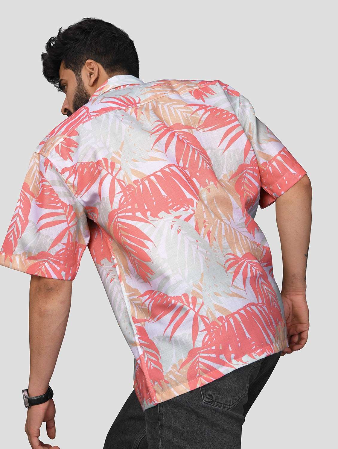 men leaf printed short sleeve oversized casual shirt - 22013142 -  Standard Image - 2