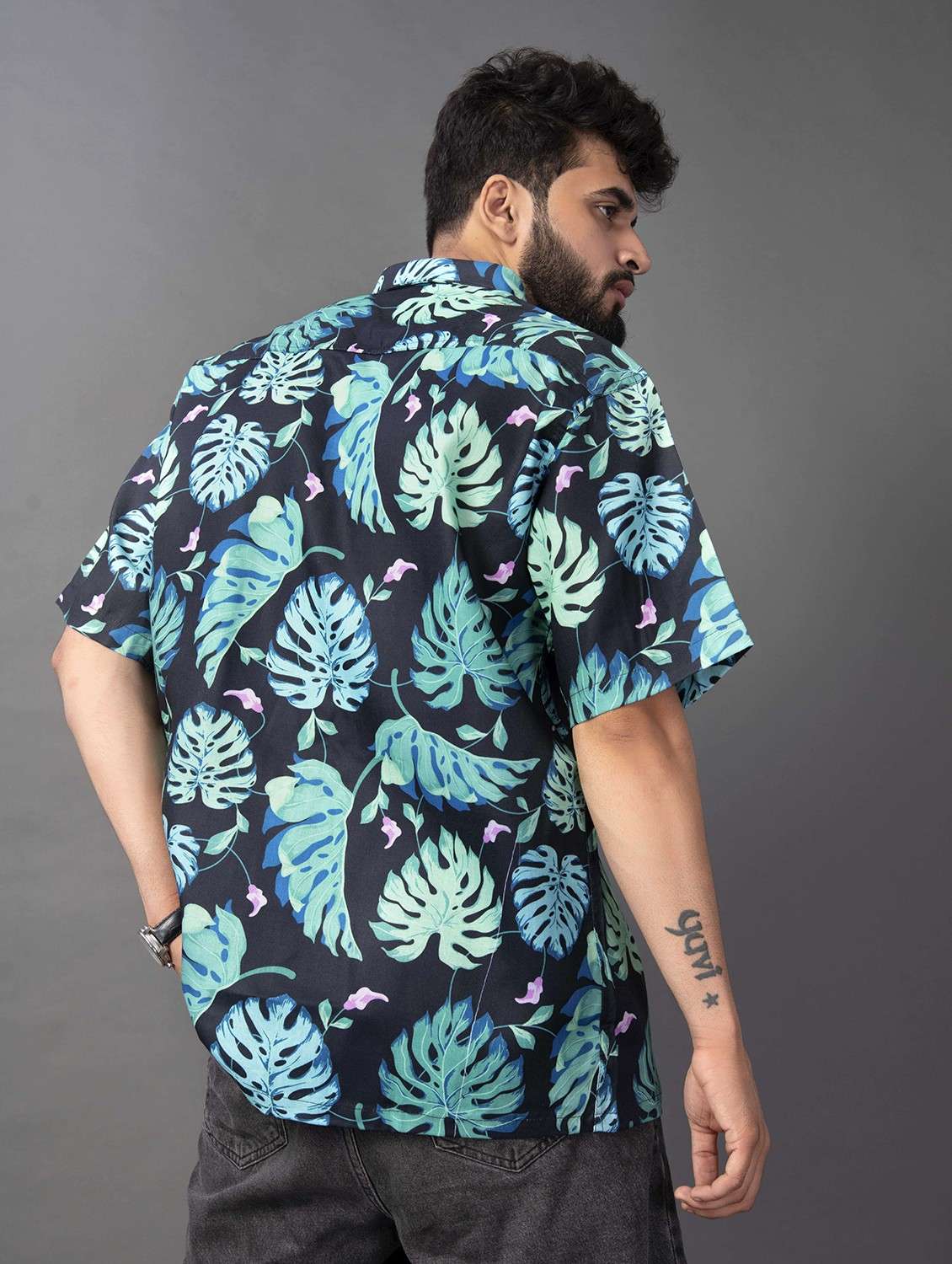 men leaf printed short sleeve oversized casual shirt - 22013227 - Standard Image - 2